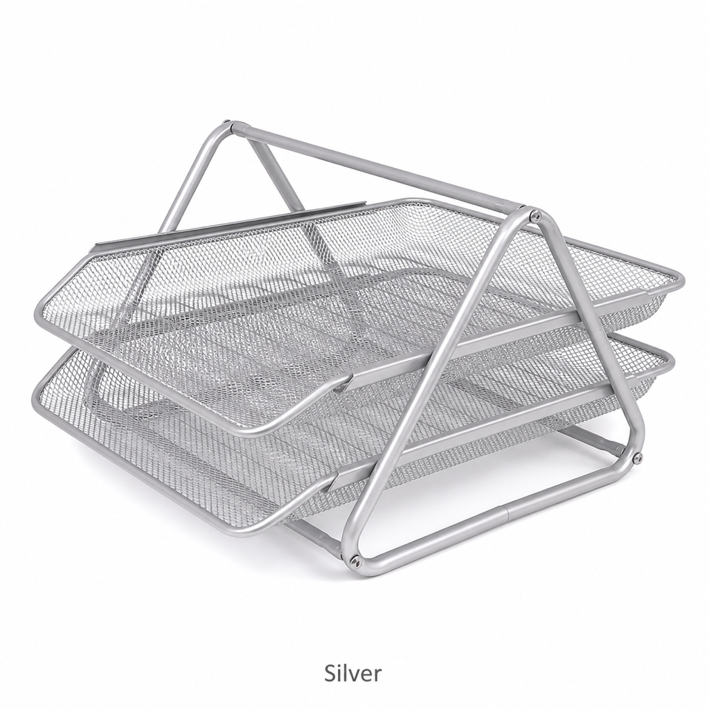 2-Tier Wire Mesh Desk Organizer with Sliding Letter Trays — Silver