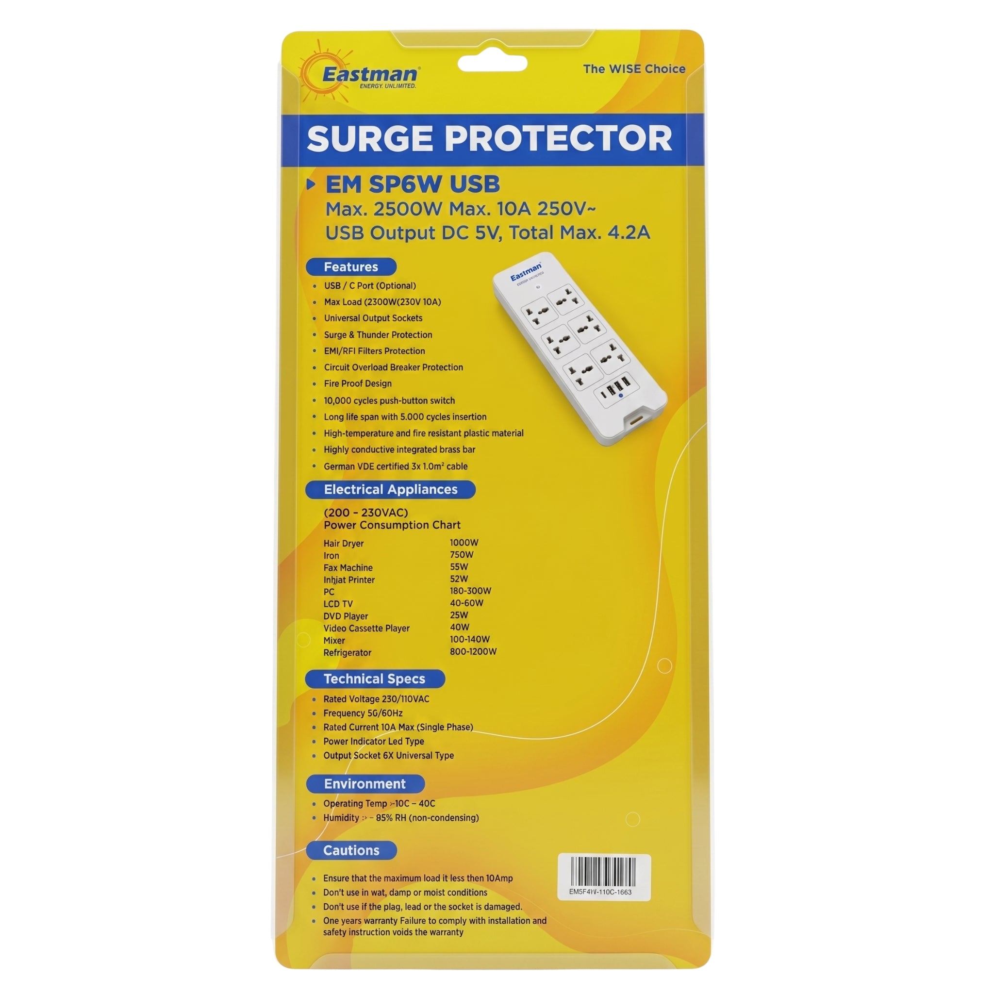 Eastman 7240U-2U Socket 1.8M Surge Protector USB