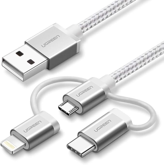 UGREEN 3-in-1 Braided Charging Cable (Lightning/Type-C/Micro USB, 1.5m, Silver)