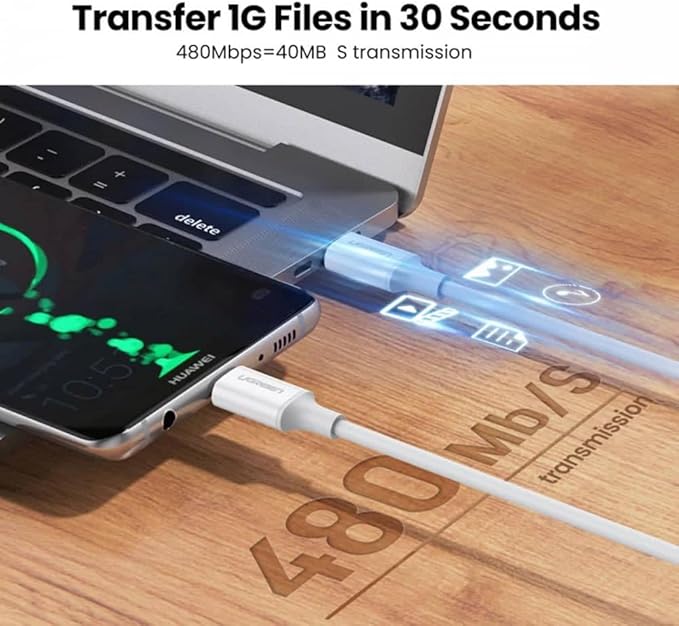 UGREEN USB-C to USB-C PD Fast Charging Cable (100W, 5A, 2m, White)