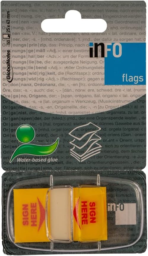 inFO Notes PET Flags 25 x 43 mm (1") in Dispenser – “Sign Here” Yellow, 50 Sheets