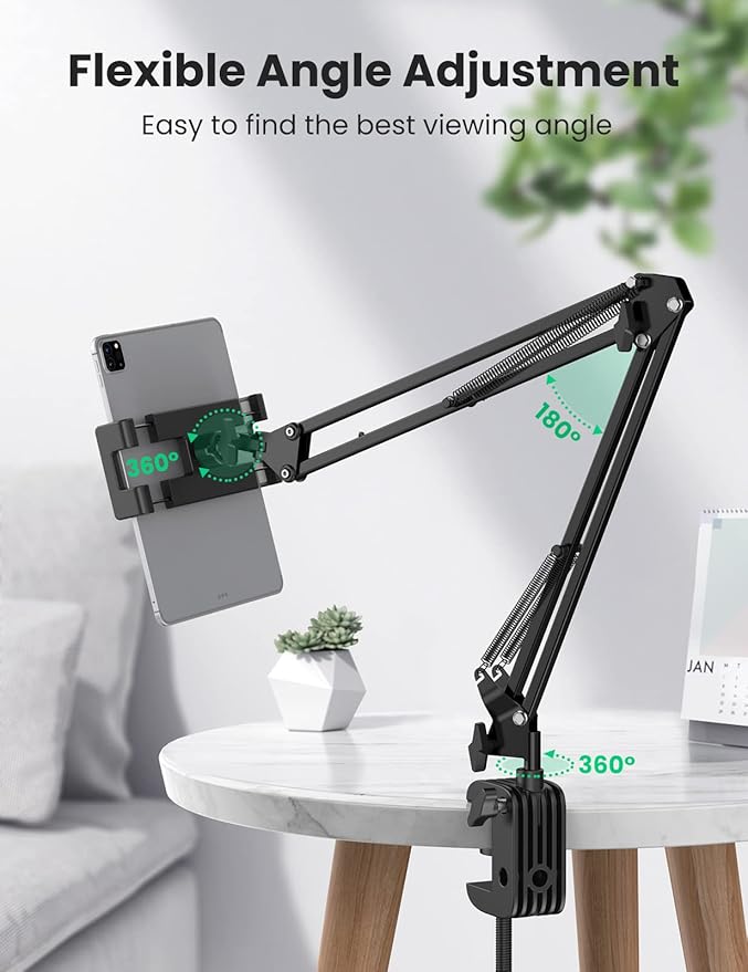 UGREEN iPad Holder Bed Tablet Desk Stand Lazy Long Arm Adjustable 360° Rotating Clamp (Black)