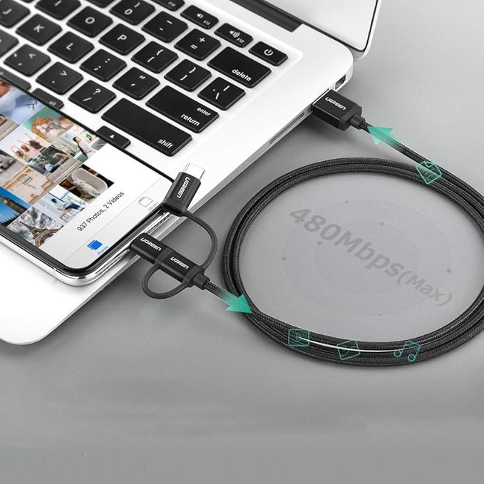 UGREEN 3-in-1 Braided Charging Cable (Lightning/Type-C/Micro USB, 1.5m, Silver)