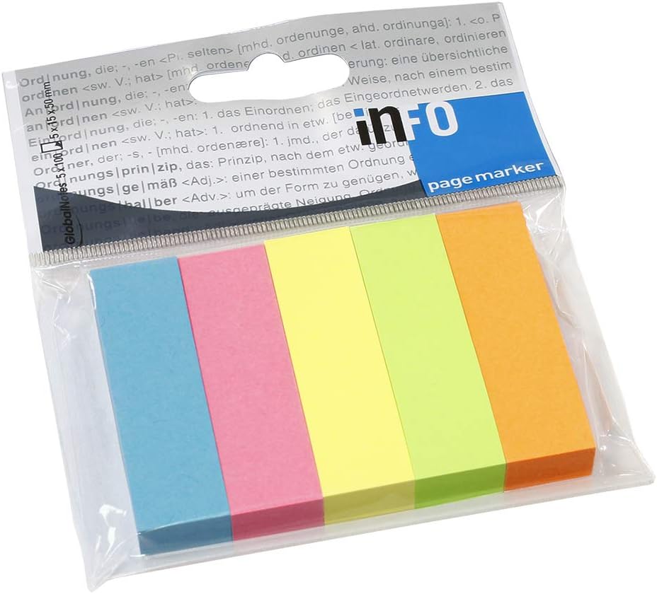inFO Notes Page Markers 15 x 50 mm Brilliant Mix, 5 Pads (100 Sheets) – Blue/Pink/Yellow/Green/Orange
