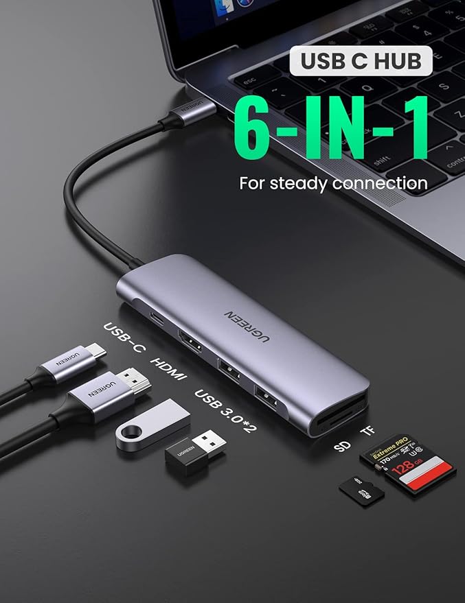 UGREEN USB-C to 2-Port USB 3.0-A Hub + HDMI + TF/SD with PD (Space Gray)
