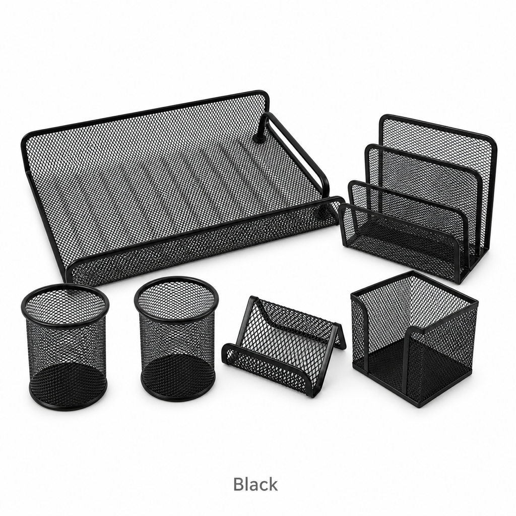 6-Piece Metal Mesh Office Organizer Set with File Tray — Black