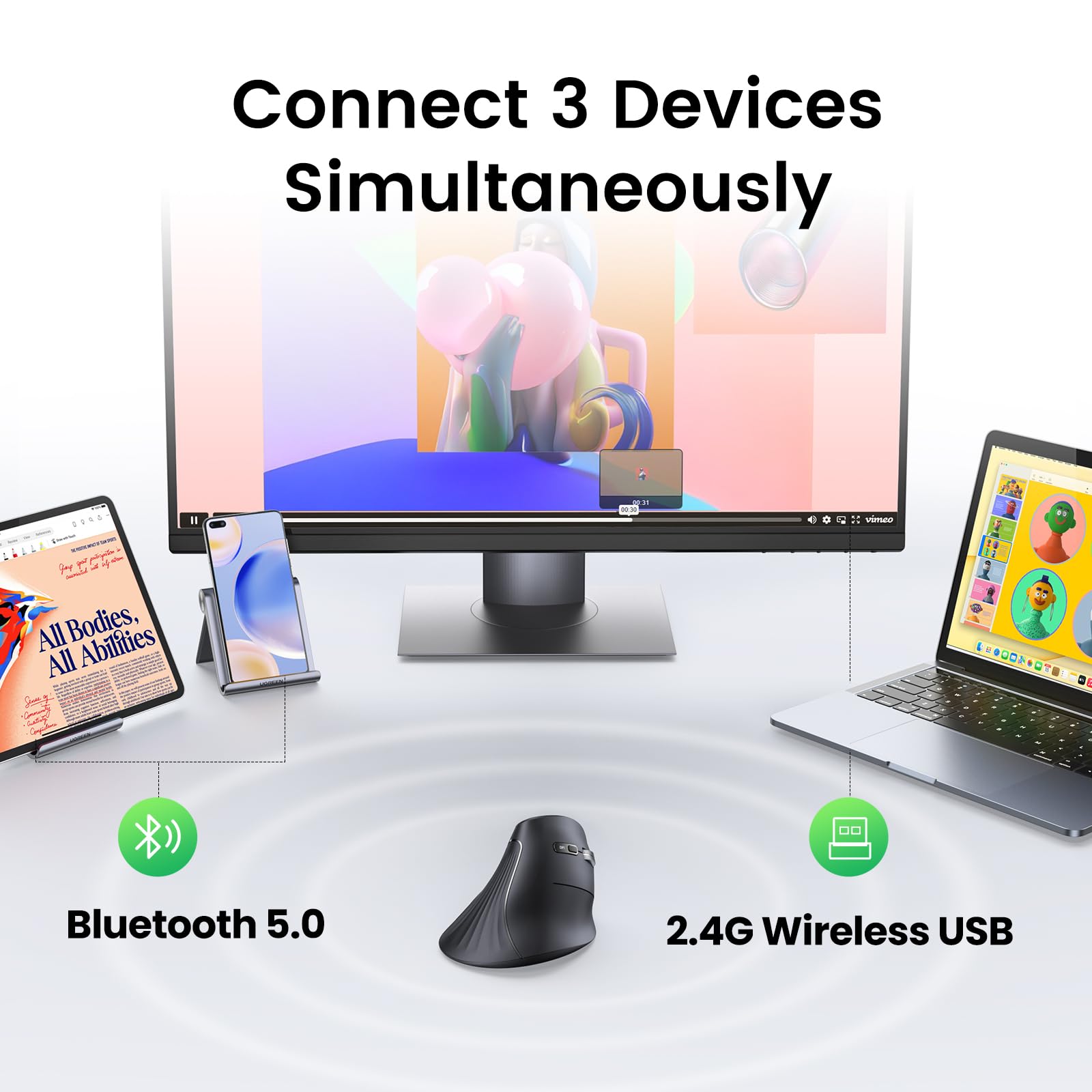 UGREEN Multi-Mode Vertical Mouse - Image 3 - Office R Us