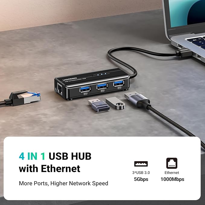 UGREEN 4-in-1 USB 3.0 Hub with Gigabit Ethernet Adapter