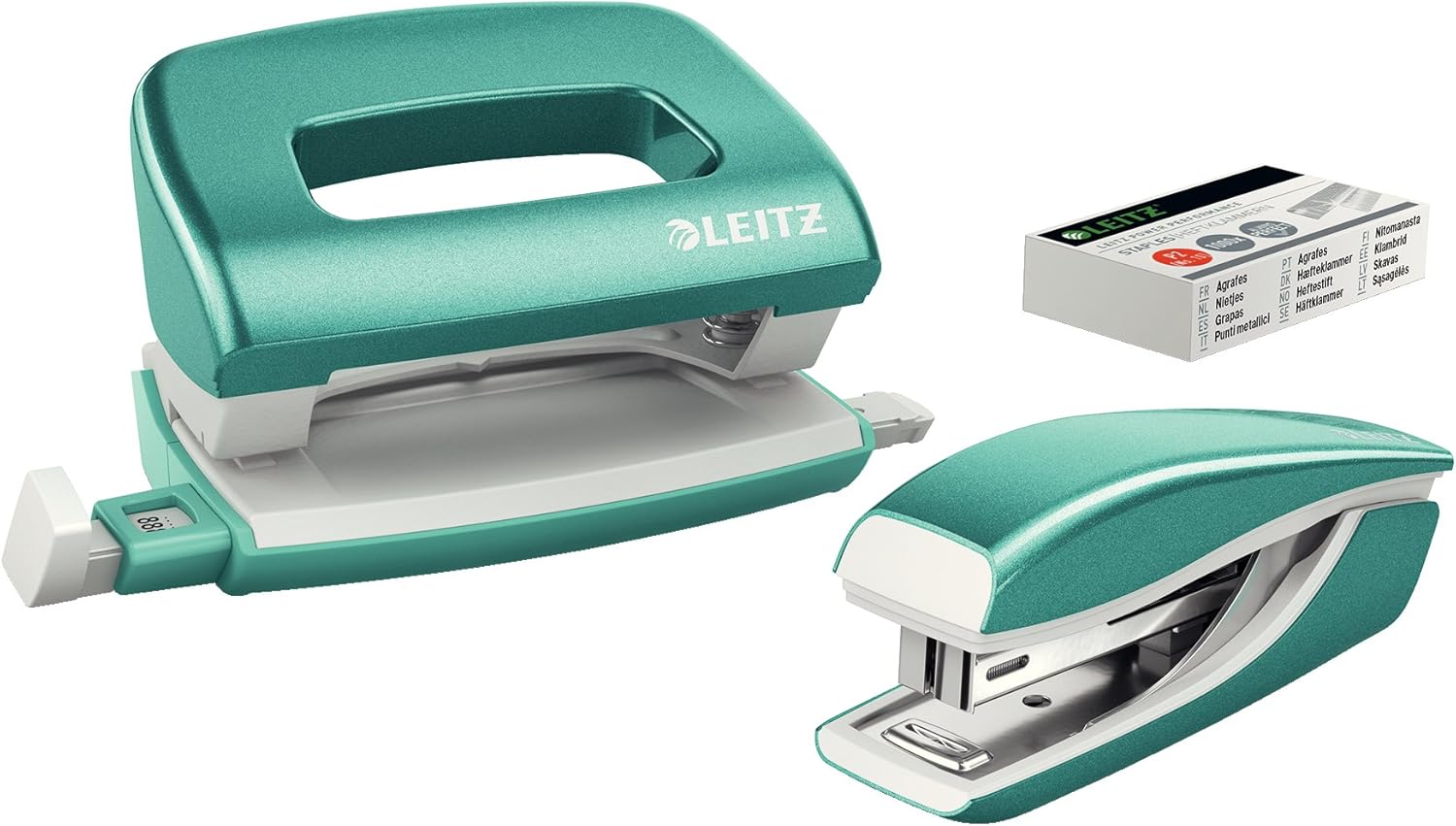 Leitz Mini Stapler & Punch Set, Blister Pack, Ice Blue