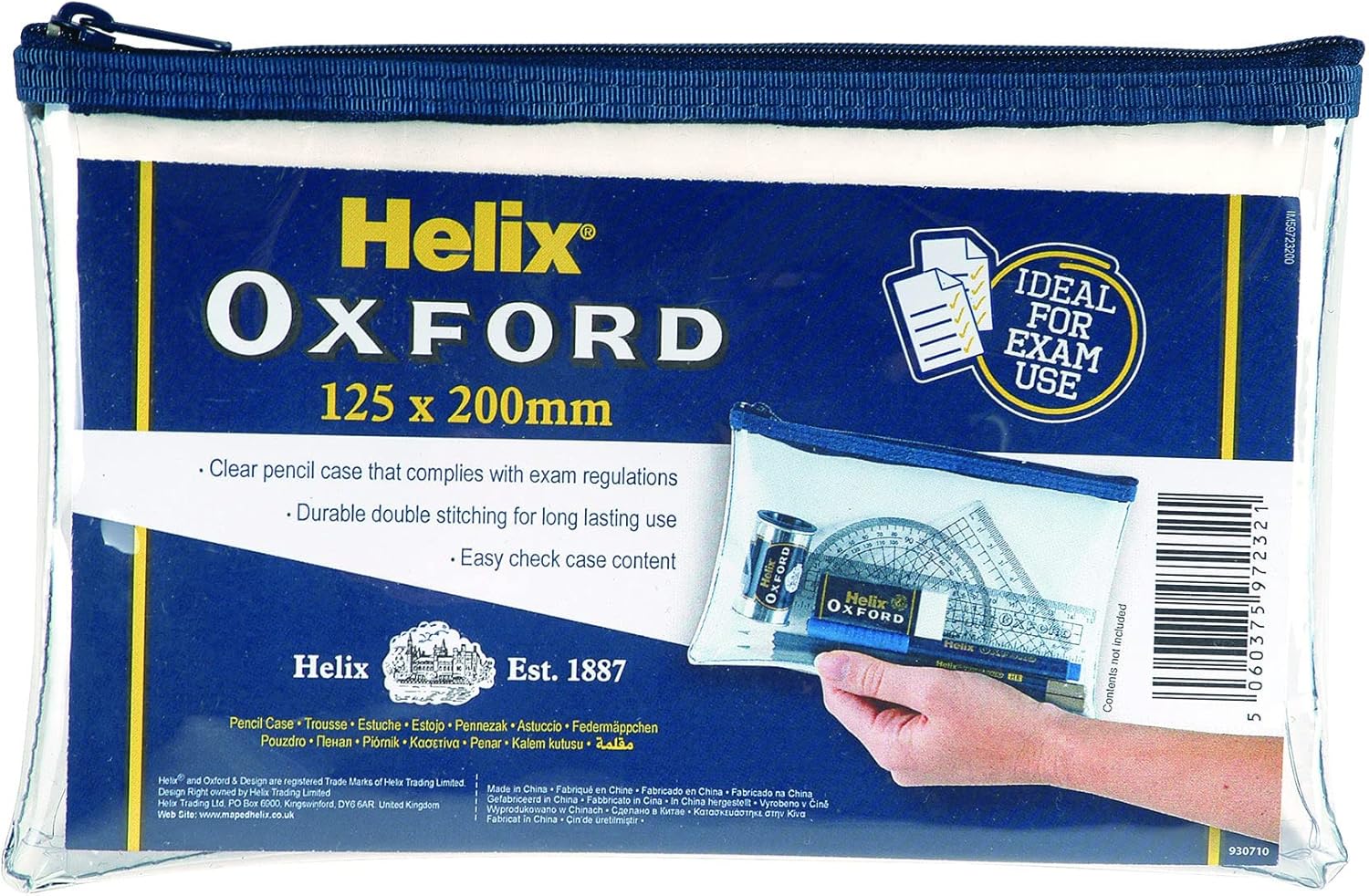 Helix Oxford 8" X 5" Clear Pencil Case