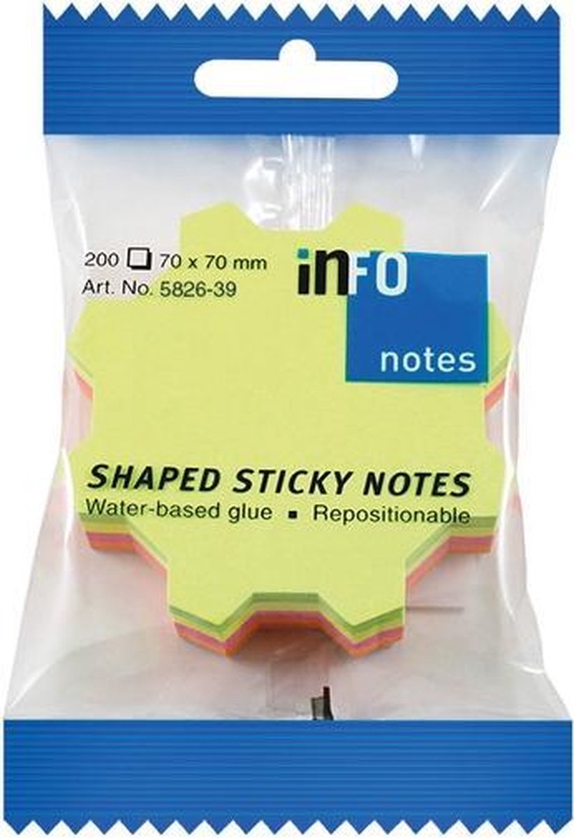 inFO Notes Shaped Cube 70 x 70 mm “Gearwheel”, 200 Sheets – Green/Yellow/Pink/Orange