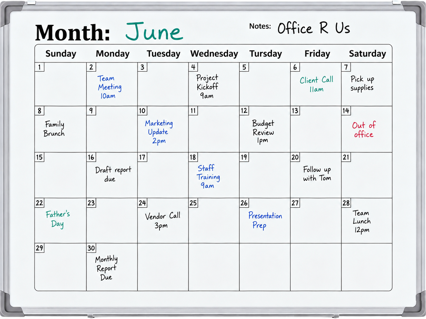 60 x 45cm Magnetic Monthly Whiteboard with Aluminium Frame
