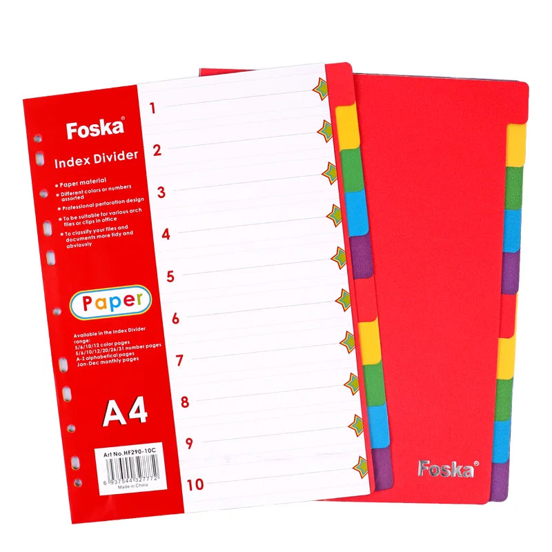 A4 Paper Index Dividers – 10 Tabs, Assorted Colours