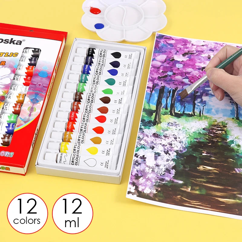 Non-Toxic Acrylic Paint Set – 12 Colors, 12ml Each