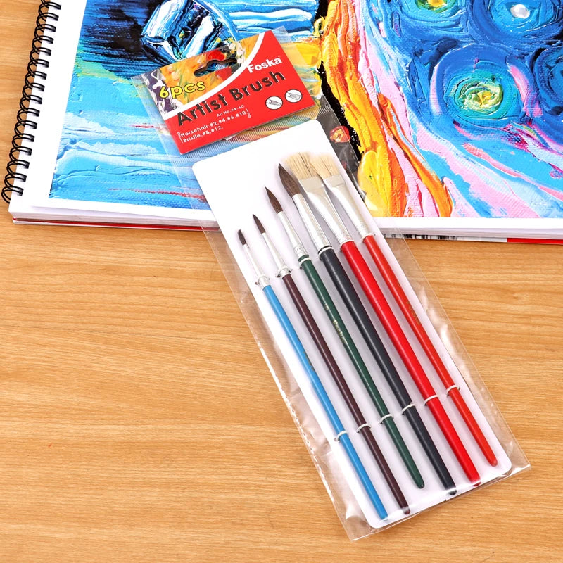 Horsehair Artist Paint Brush Set – Round, Flat & Angular, 6 Pieces