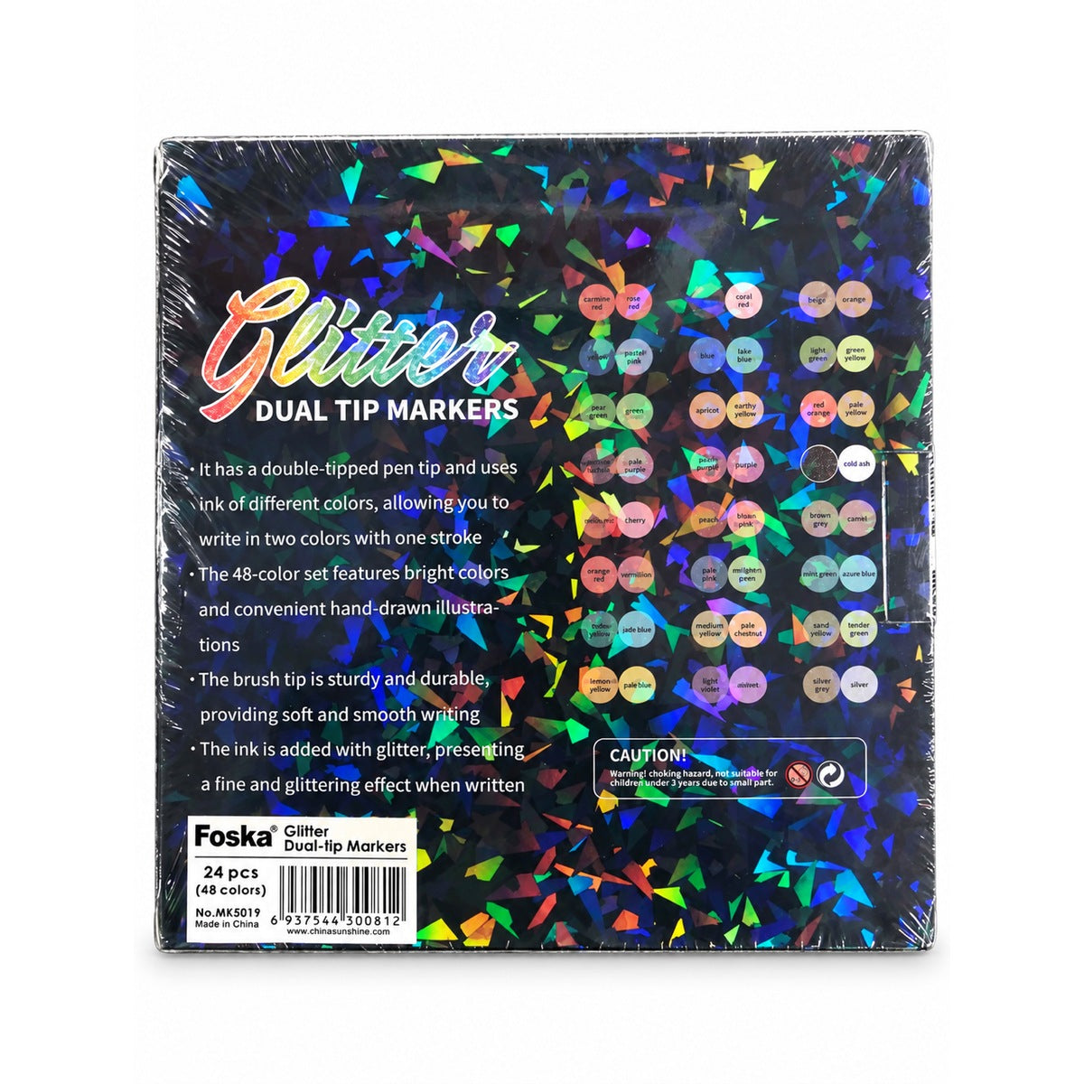 Foska Glitter Dual-Tip Markers 48 colours (24 pens) box back
