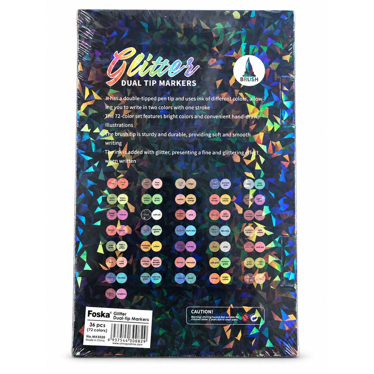 Foska Glitter Dual-Tip Markers 72 colours (36 pens) box back