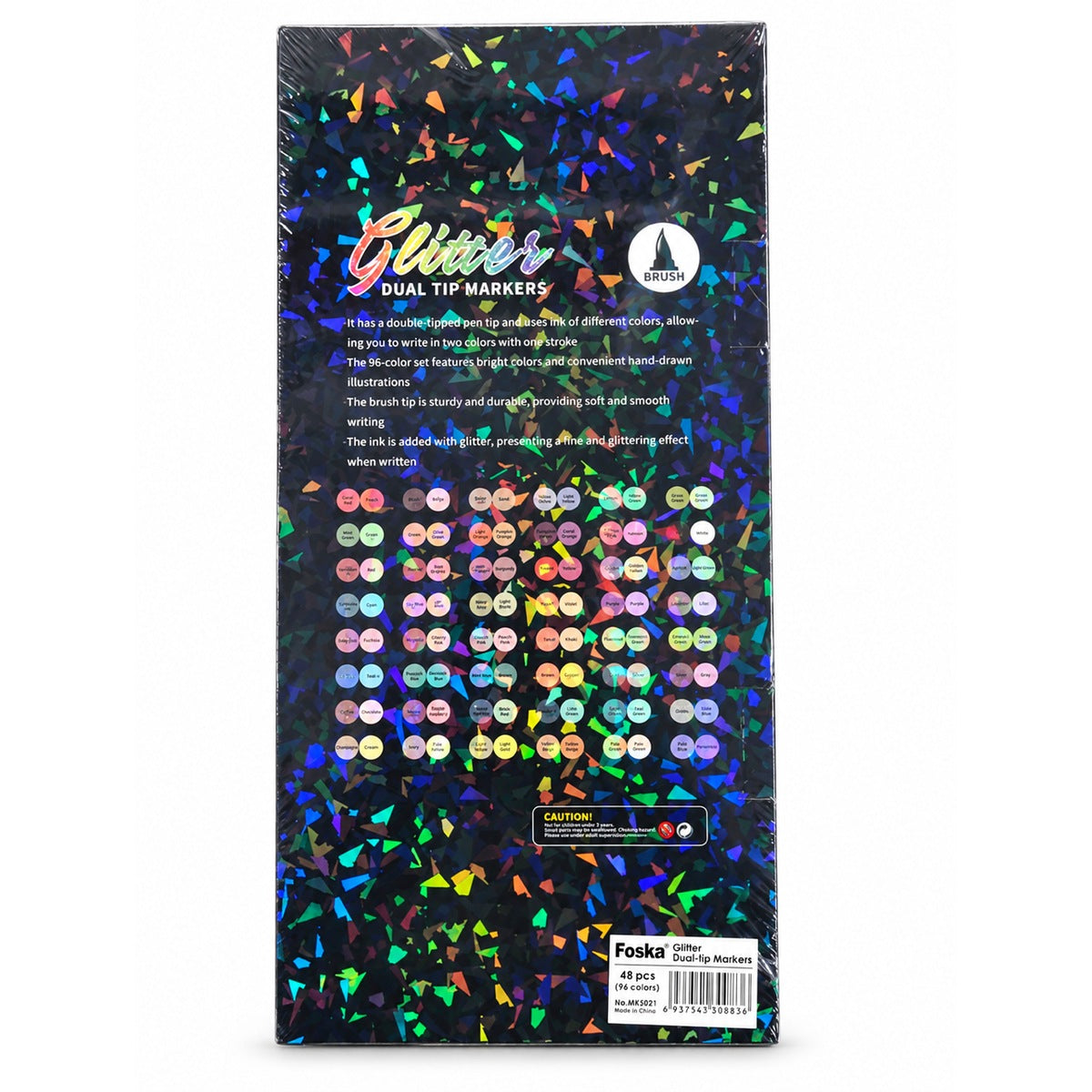 Foska Glitter Dual-Tip Markers 96 colours (48 pens) box back