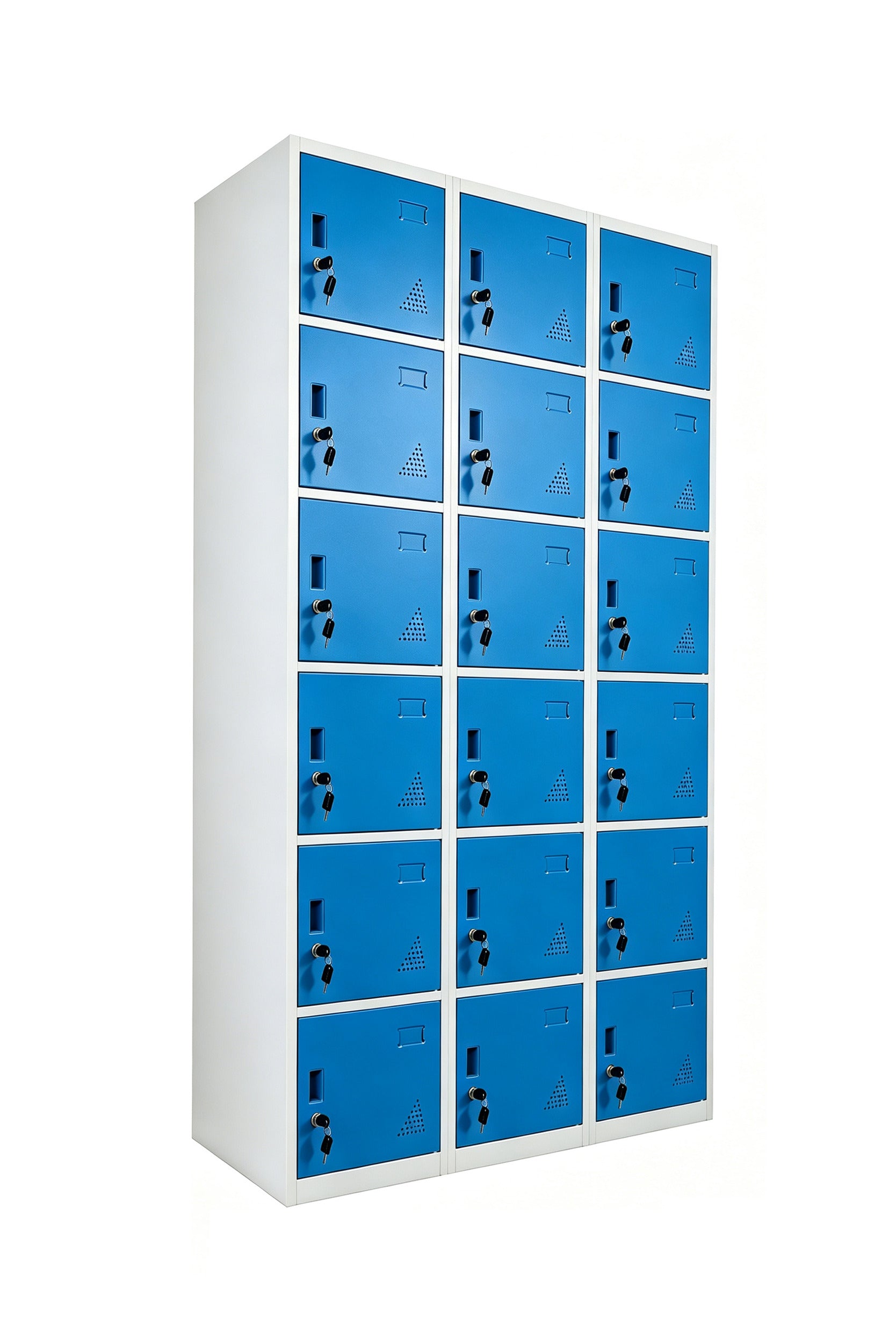 18-Door Steel Locker - Grey with Blue Doors Angled View - Office R Us