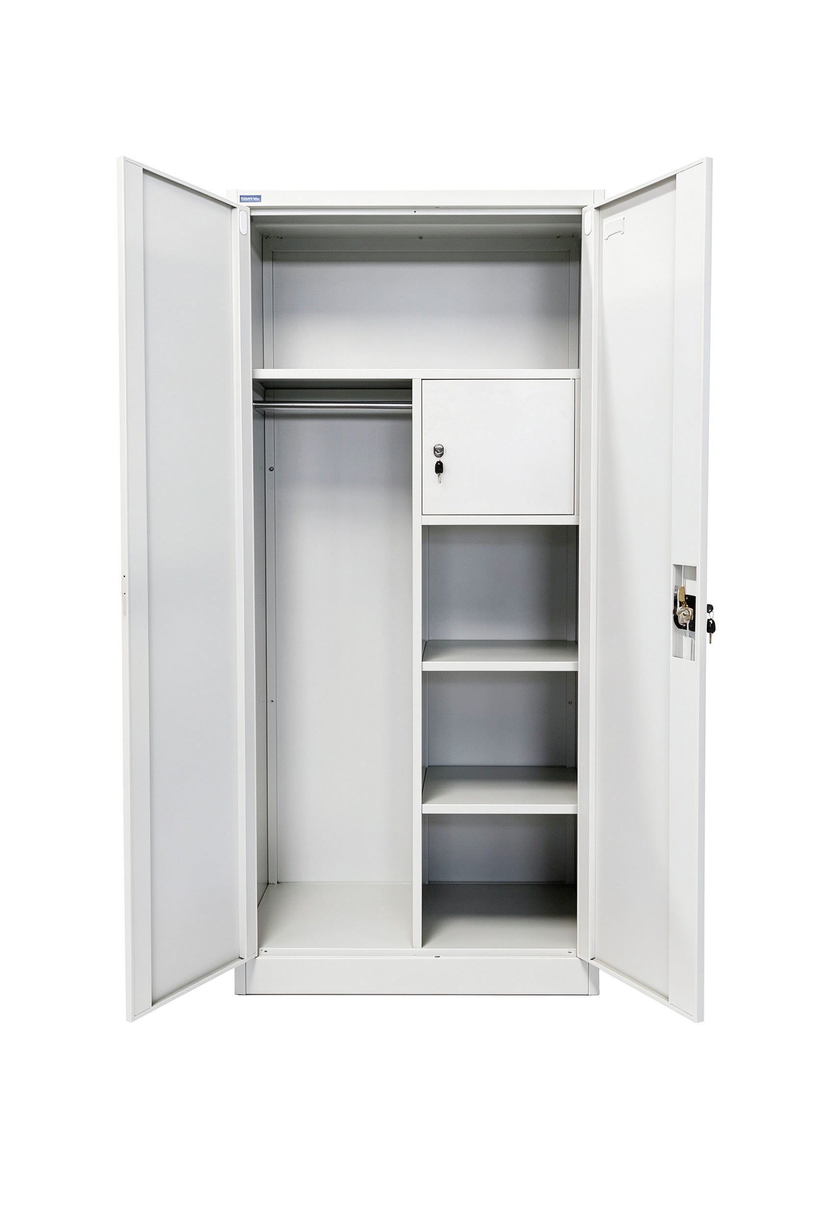 Multi-Function Steel Storage Cabinet - Doors Open Showing Hanging Rail and Shelves - Office R Us