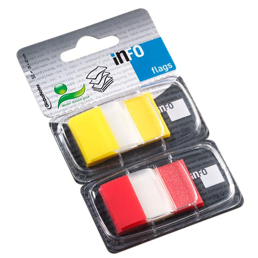inFO Notes PET Flags 25 x 43 mm (1") in Dispenser – Twin Colour Tip Yellow & Red, 50 Sheets