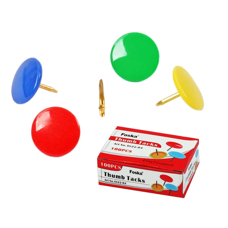 Vinyl Coated Round Head Thumbtacks Assorted Colors – Box of 100