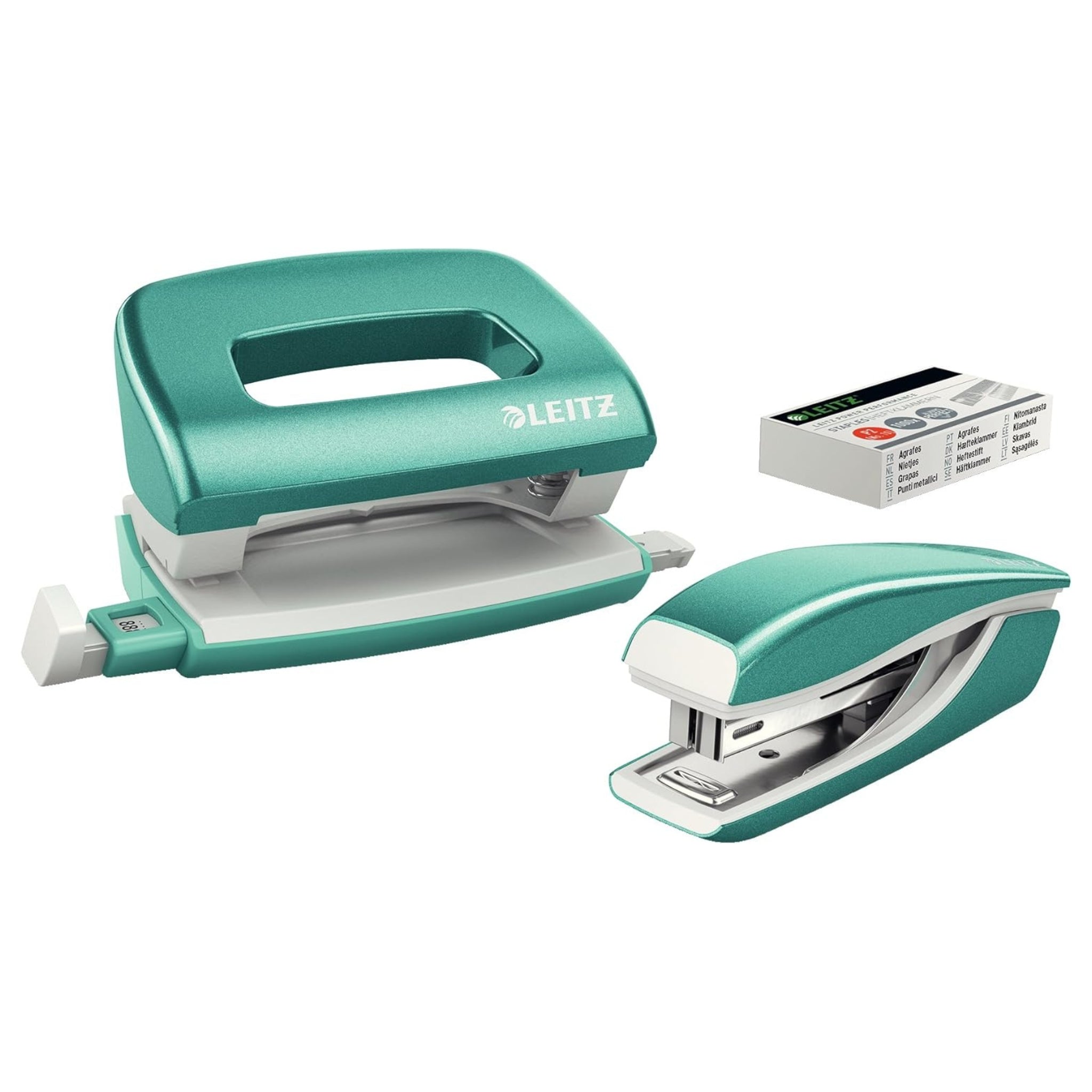 Leitz Mini Stapler & Punch Set, Blister Pack, Ice Blue