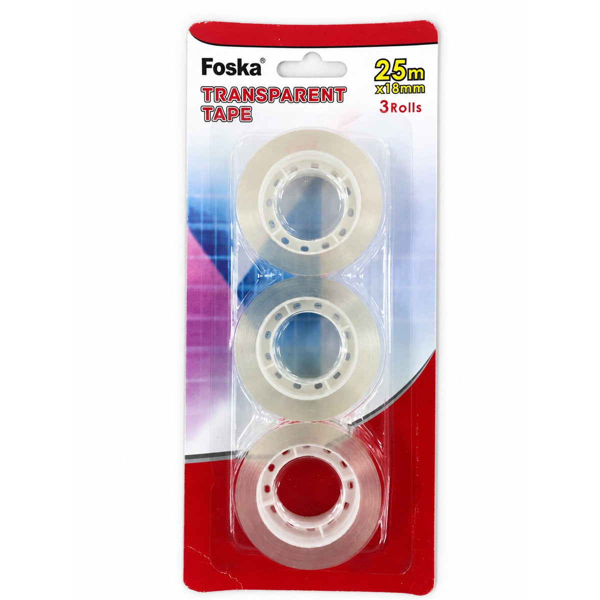 Foska CT2012 transparent tape 18 mm x 25 m, pack of 3 rolls, front