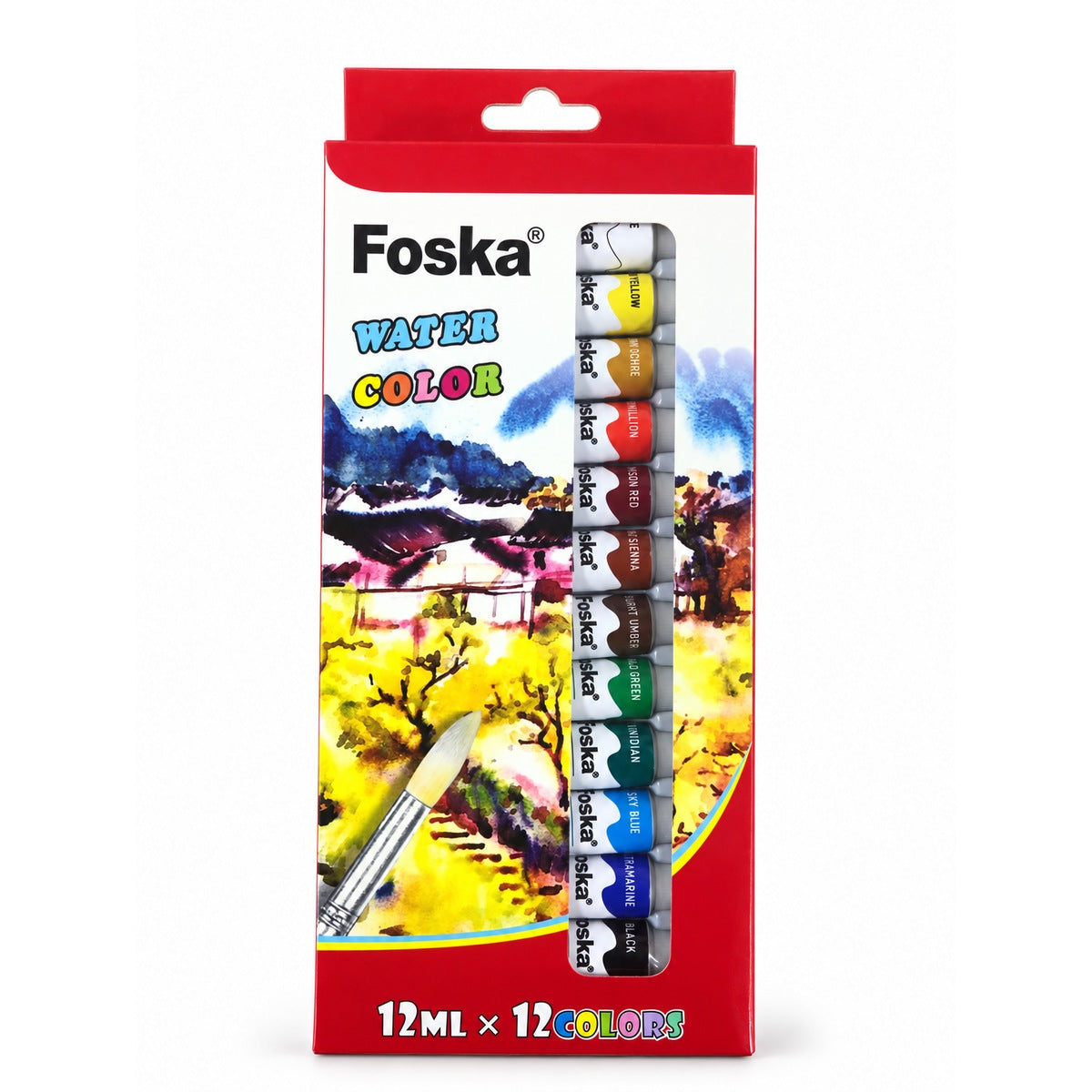Foska PE1009 water colour paint set, 12 colours x 12 ml, box front