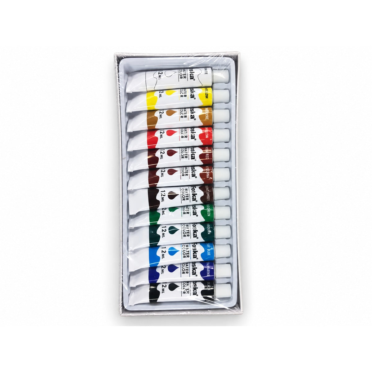 Foska PE1009 open box with twelve 12 ml paint tubes