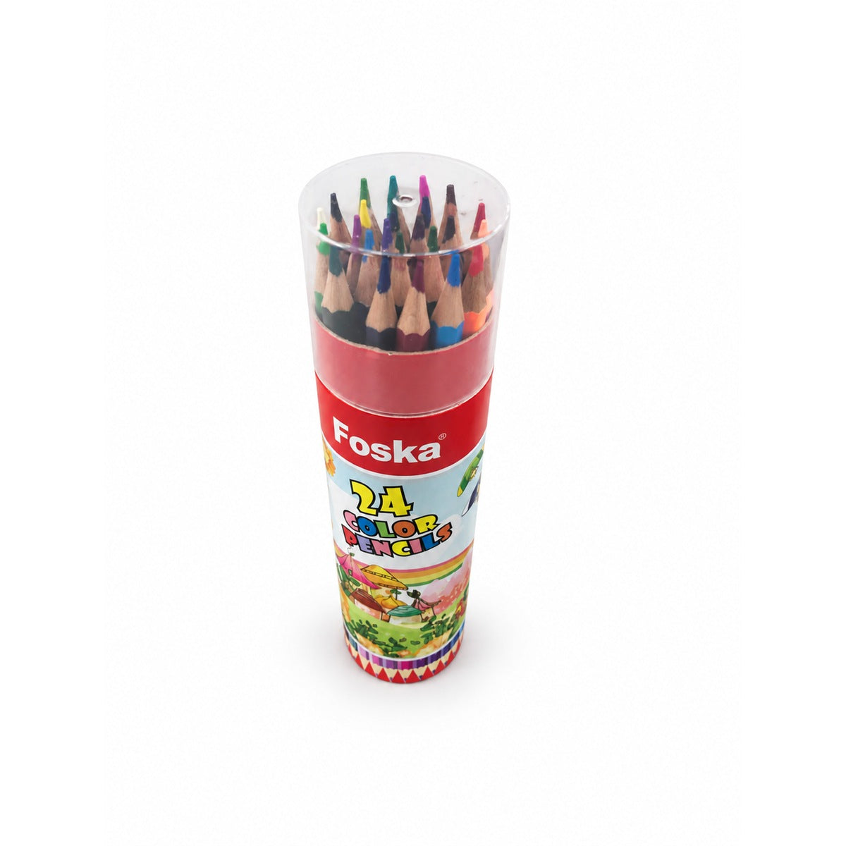Foska 24 colour pencils tube, angled view of pre-sharpened tips
