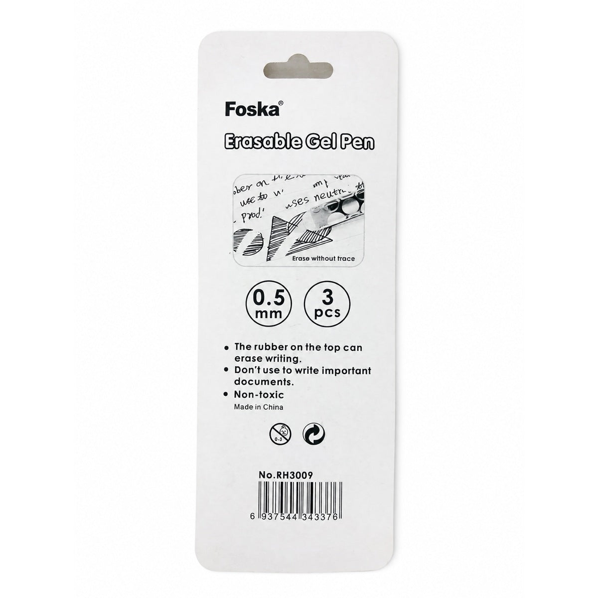 Foska RH3009 erasable gel pens pack, back with barcode