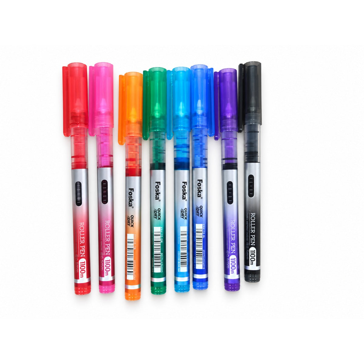 Foska XH6112 eight roller pens in a row: black, red, pink, orange, green, light blue, blue, purple