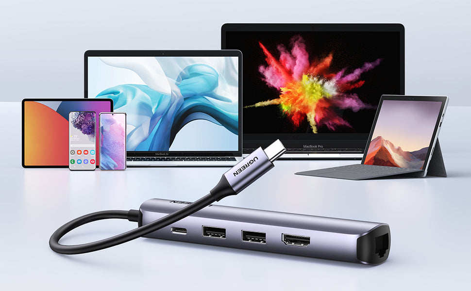 UGREEN USB-C to 2× USB 3.0+HDMI+RJ45 Ethernet Adapter + PD - View 6 - Office R Us