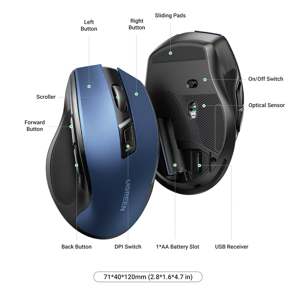 UGREEN Ergonomic 2.4G Wireless Mouse (Blue) - View 4 - Office R Us