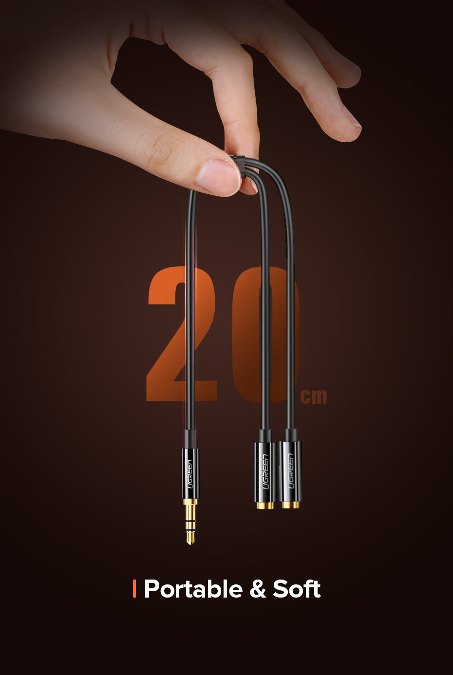 UGREEN 3.5mm Male to 2 Female Audio Cable (20cm, Black) - View 4 - Office R Us