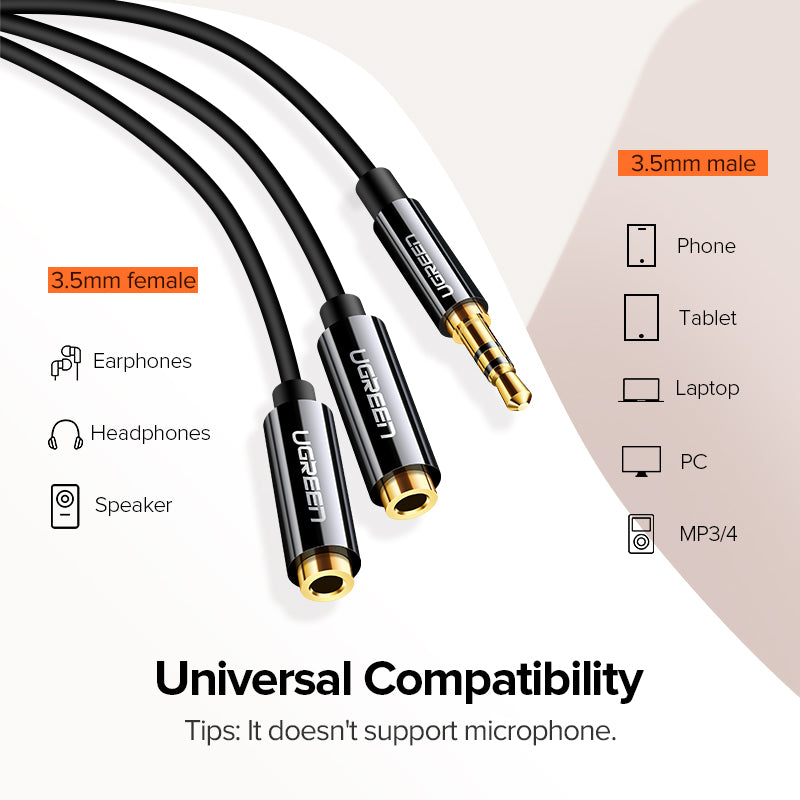 UGREEN 3.5mm Male to 2 Female Audio Cable (20cm, Black) - View 5 - Office R Us