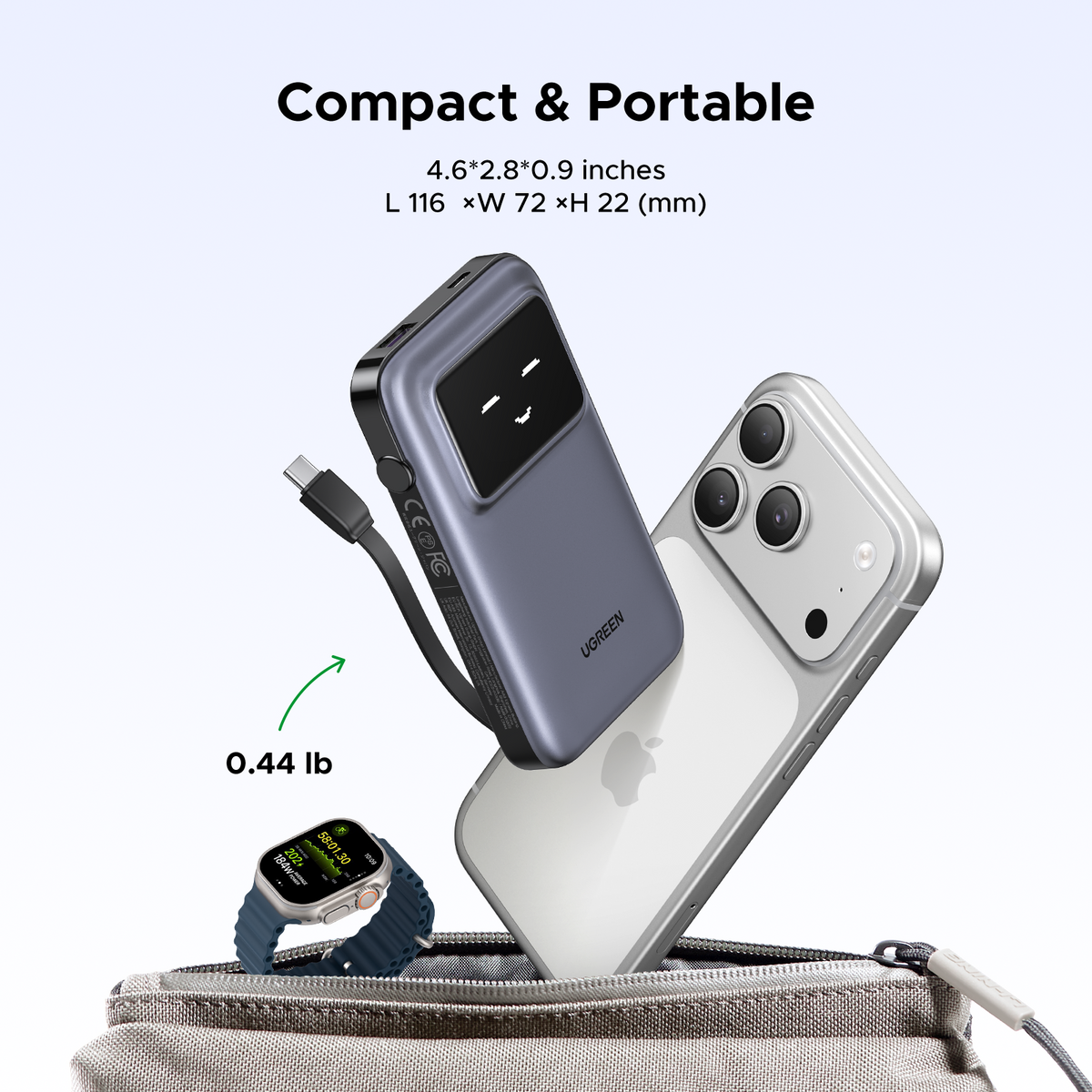 UGREEN 10000mAh Power Bank with Built-in Cable - View 6 - Office R Us