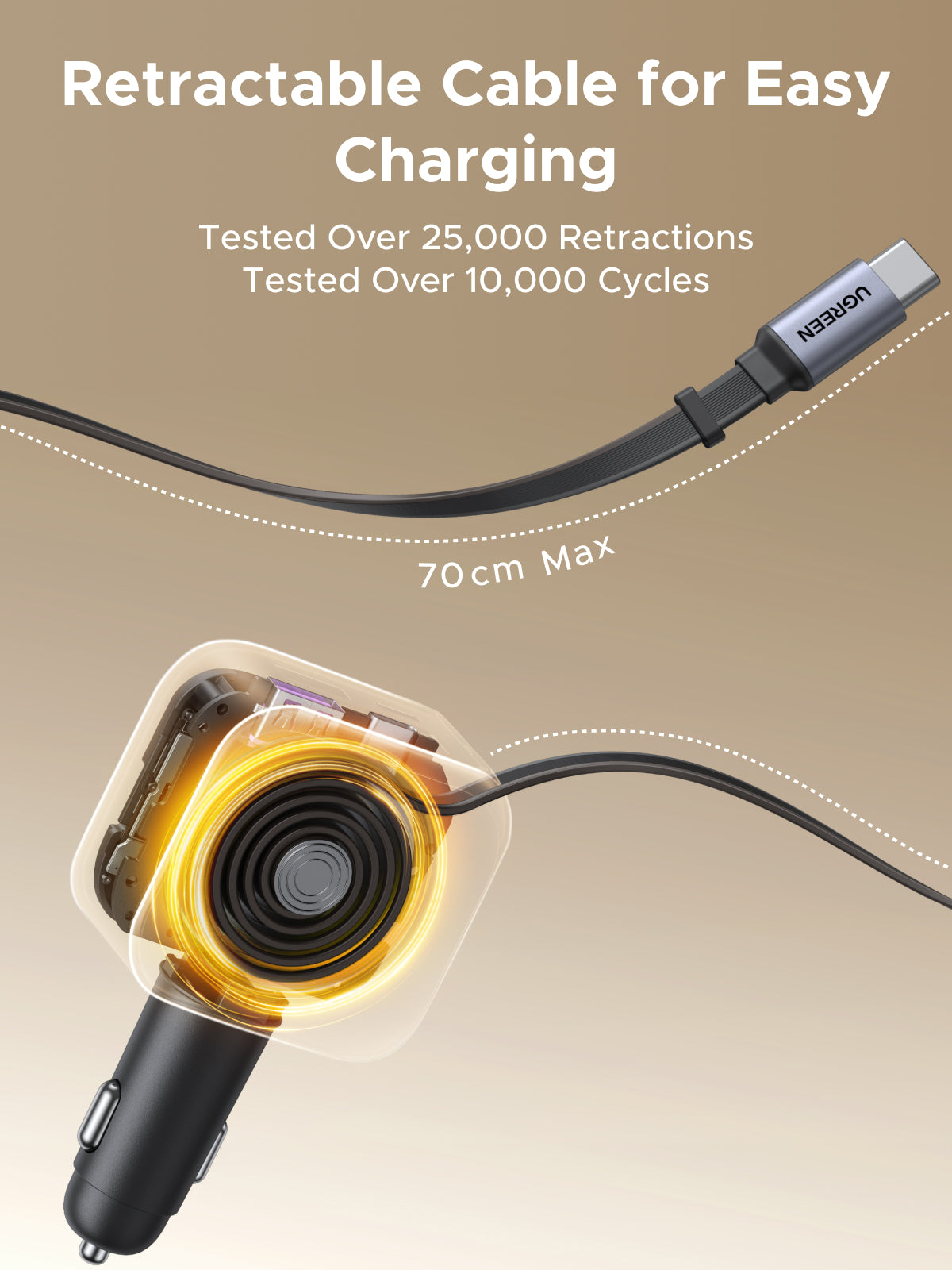 UGREEN 60W Fast Car Charger with Retractable Cable (Black) - View 5 - Office R Us