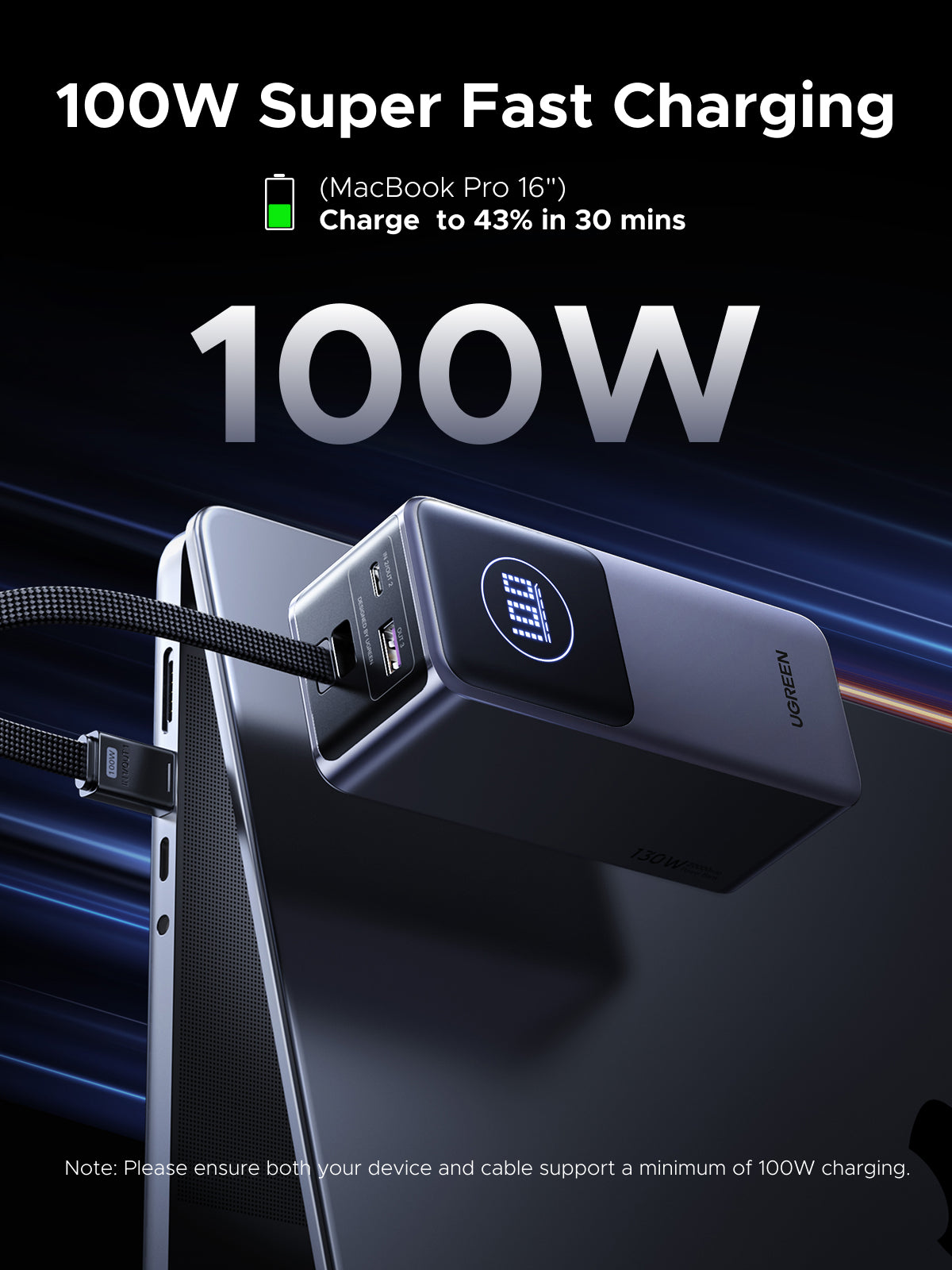 UGREEN 130W Power Bank with Built-in Cable - View 5 - Office R Us