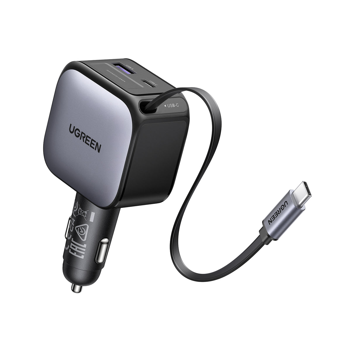 UGREEN 90W Fast Car Charger with Retractable Cable (Space Gray) - Office R Us Lagos