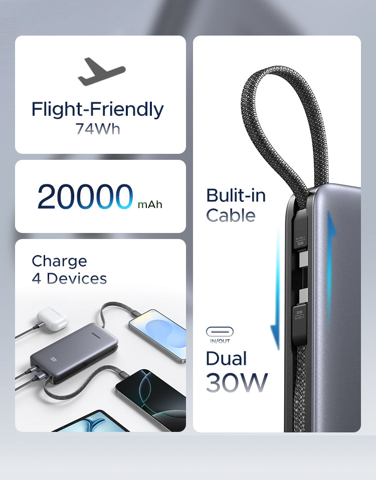 UGREEN 30W Power Bank with Built-in Cable (Black) - View 6 - Office R Us