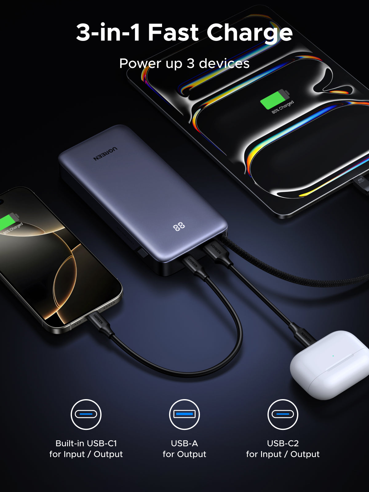 UGREEN 45W Power Bank with Built-in Cable (Gray) - View 4 - Office R Us
