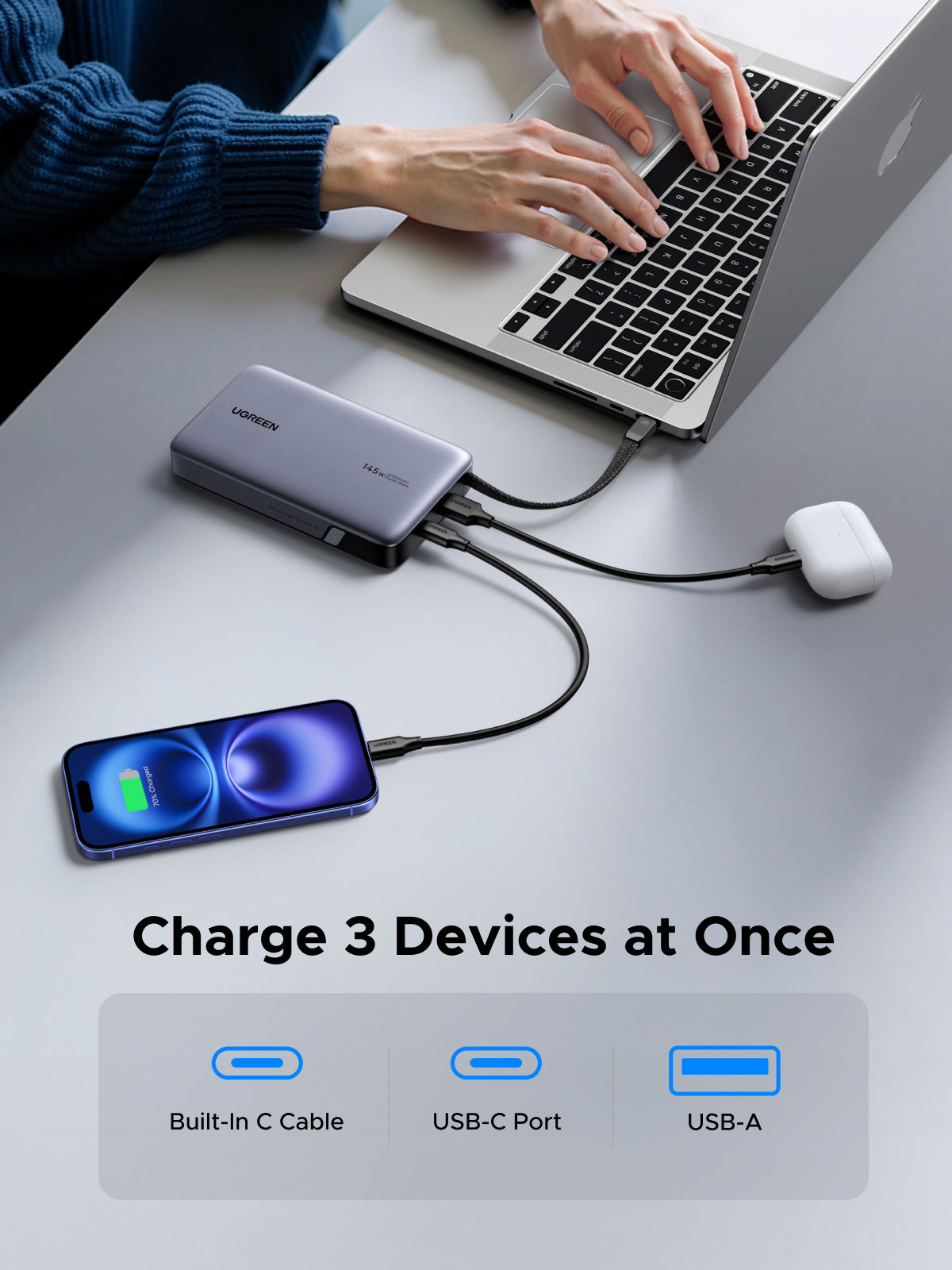 UGREEN 145W Power Bank with Built-in Cable (Gray) - View 2 - Office R Us