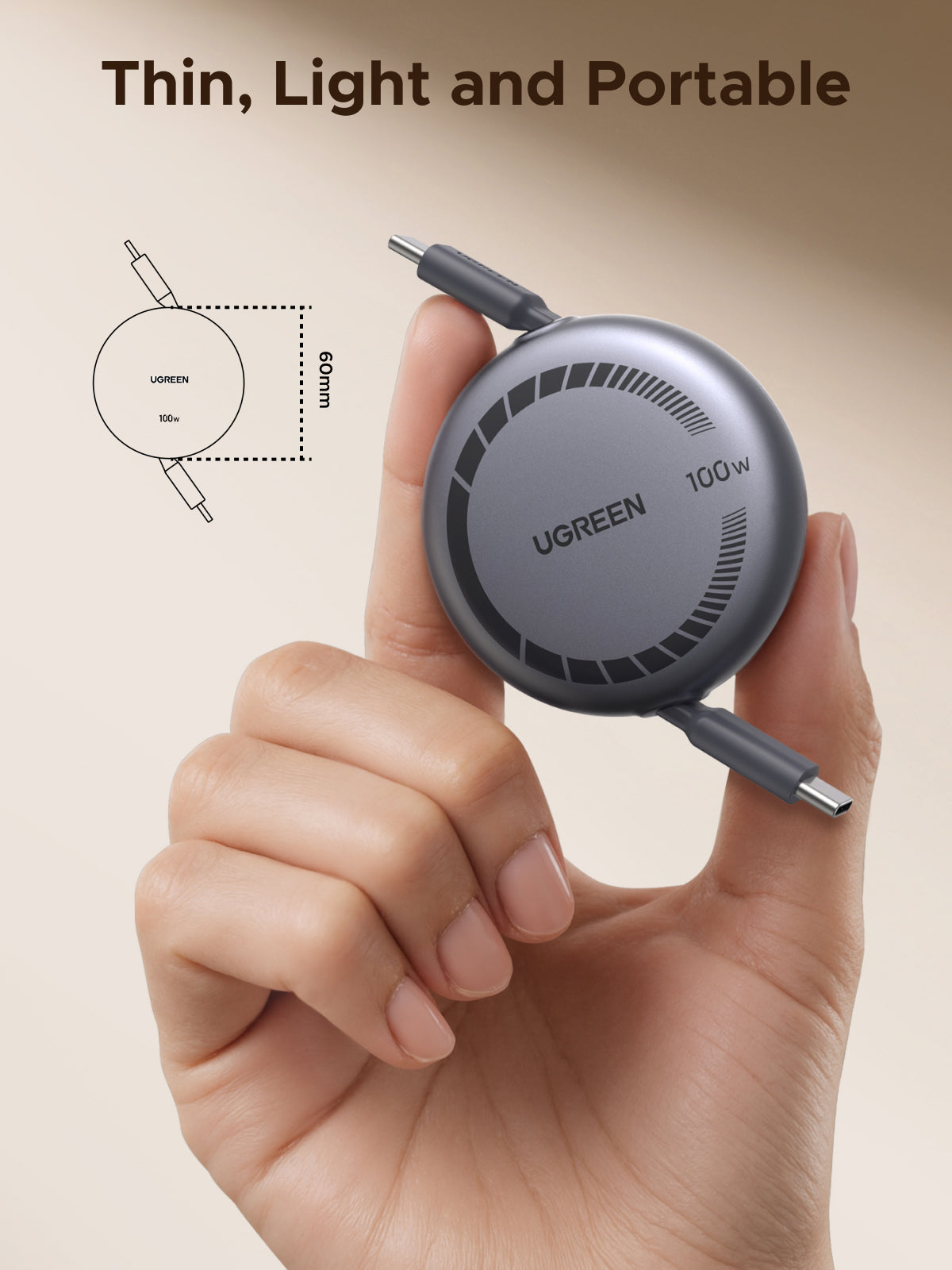 UGREEN USB-C to USB-C PD Fast Charging Retractable Cable 100W Max (1m) - View 5 - Office R Us