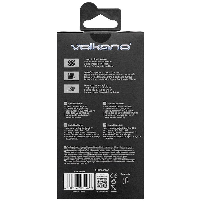 Volkano Weave Series 240W 20Gbps USB-C to USB-C Cable (2 m, Black, VK-30239-BK) - View 3 - Office R Us