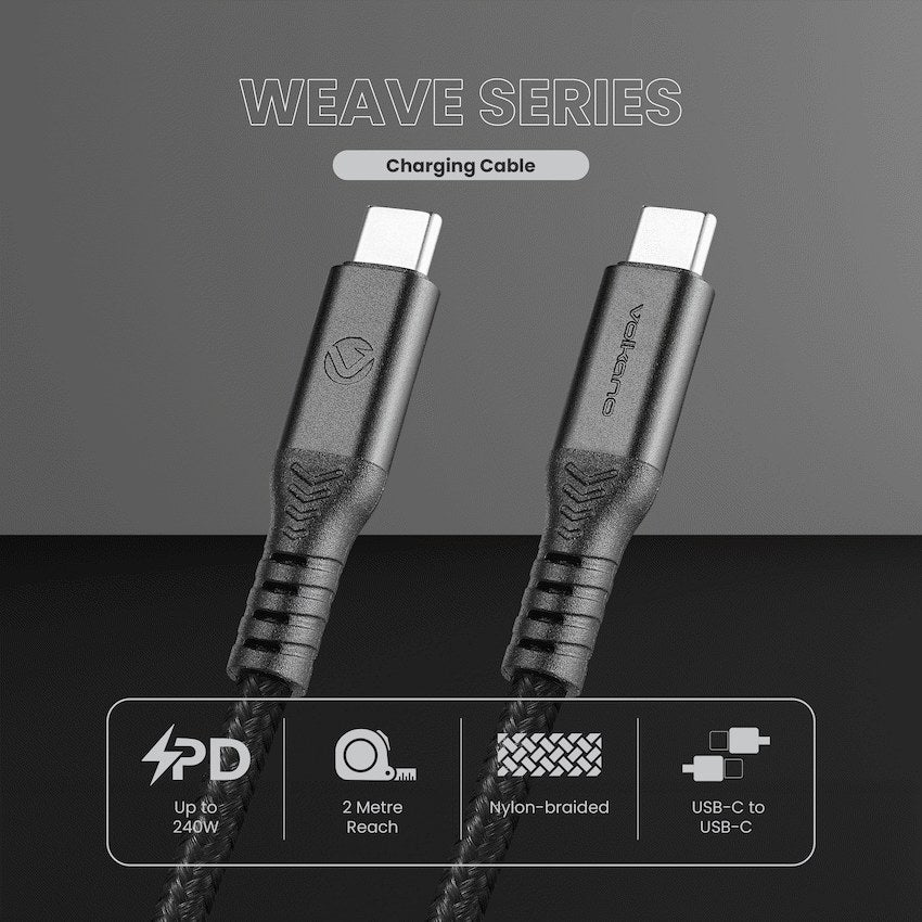 Volkano Weave Series 240W 20Gbps USB-C to USB-C Cable (2 m, Black, VK-30239-BK) - View 5 - Office R Us