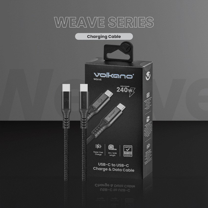 Volkano Weave Series 240W 20Gbps USB-C to USB-C Cable (2 m, Black, VK-30239-BK) - View 7 - Office R Us