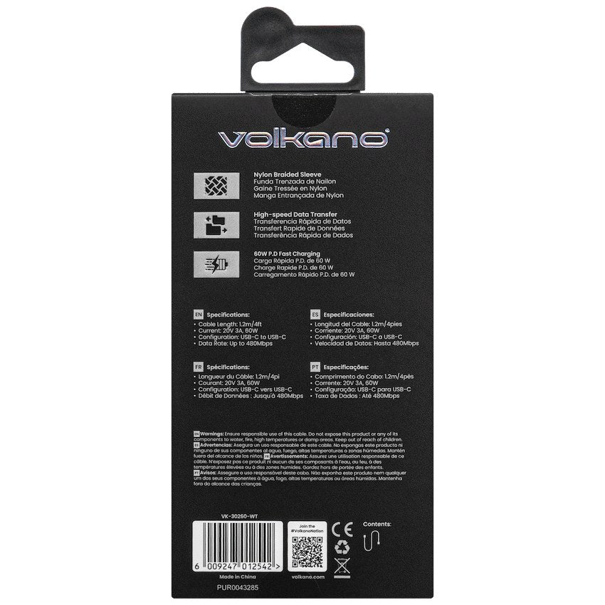 Volkano Weave Series 60W USB-C to USB-C Cable - 1.2 m / White - View 4 - Office R Us