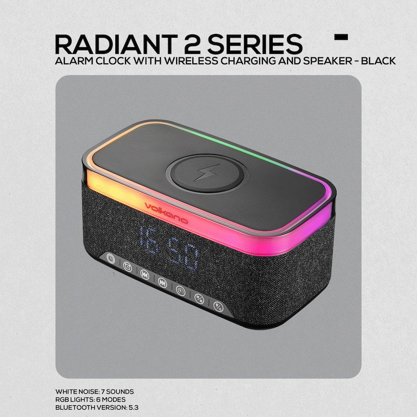 Volkano Radiant 2 Alarm Clock with Wireless Charging and Speaker - Black - View 4 - Office R Us